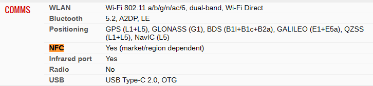 Extrait de la feuille technique d'un Xiaomi Mi11 Lite 5G sur gsmarena