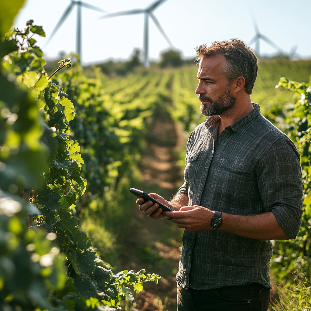 Un professionnel est en train d'observer des rangs de vigne en prenant des notes sur son smartphone