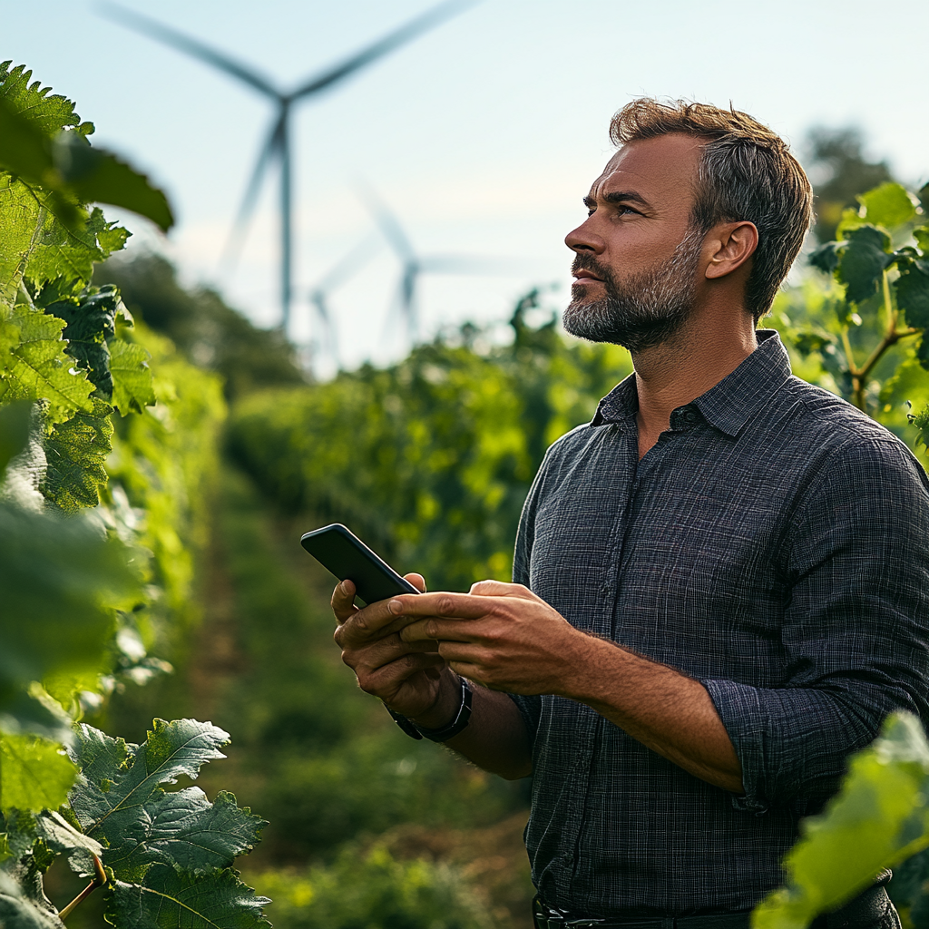 Un professionnel est en train d'observer des rangs de vigne en prenant des notes sur son smartphone