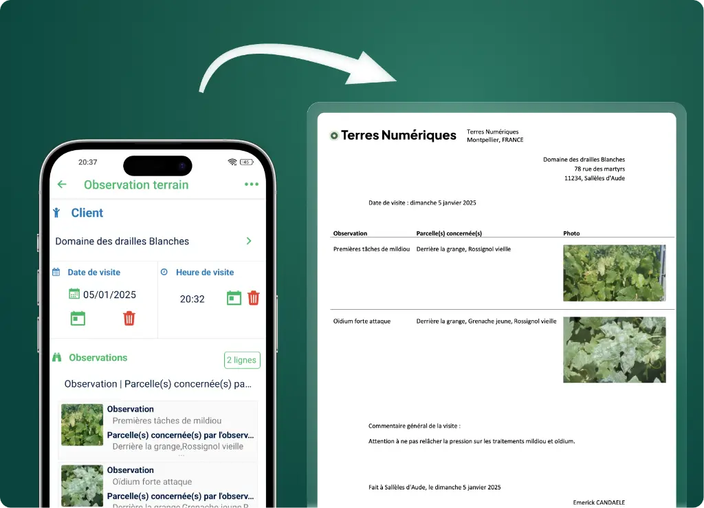 Exemple de formulaire mobile de conseil agricole vers un compte rendu de visite