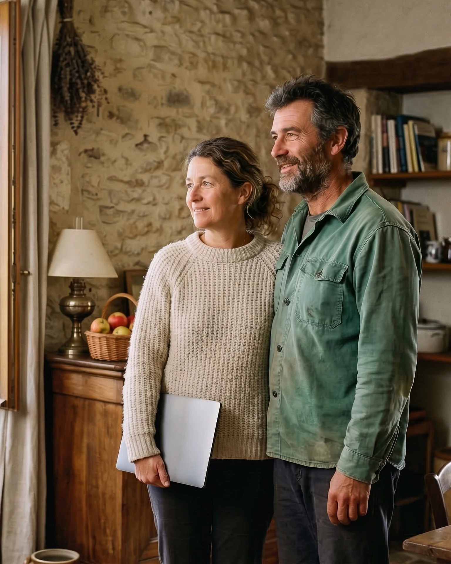 Illustration : un couple d’agriculteurs chez lui, près de la fenêtre, un ordinateur portable fermé sous le bras.