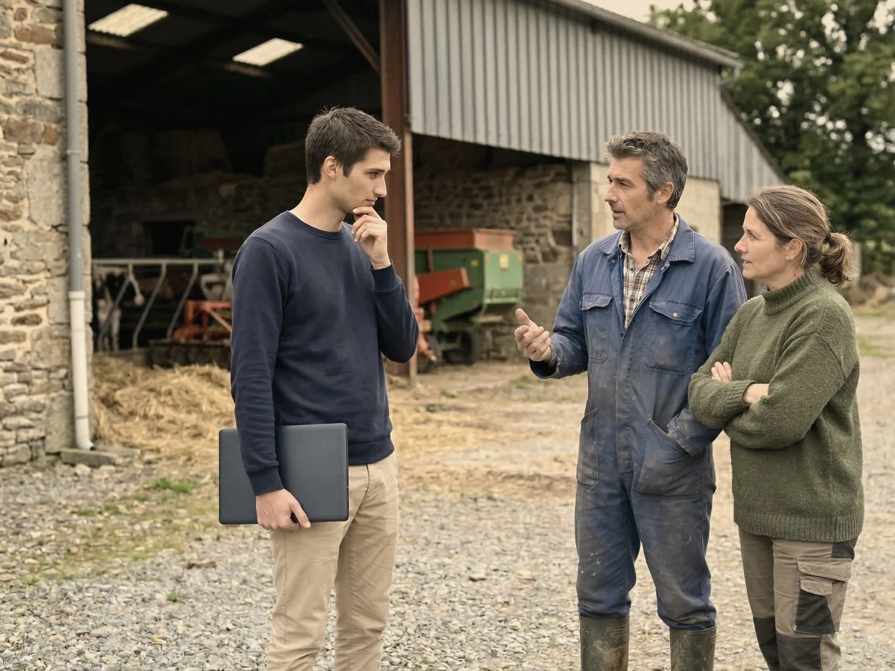 Illustration : un conseiller, ordinateur fermé sous le bras, écoute un couple d’éleveurs dans la cour de leur ferme.