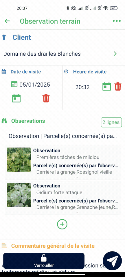 Gif animé d'un formulaire d'observation terrain. Le rapport utilise des listes déroulantes, des photos du commentaire libre etc...
