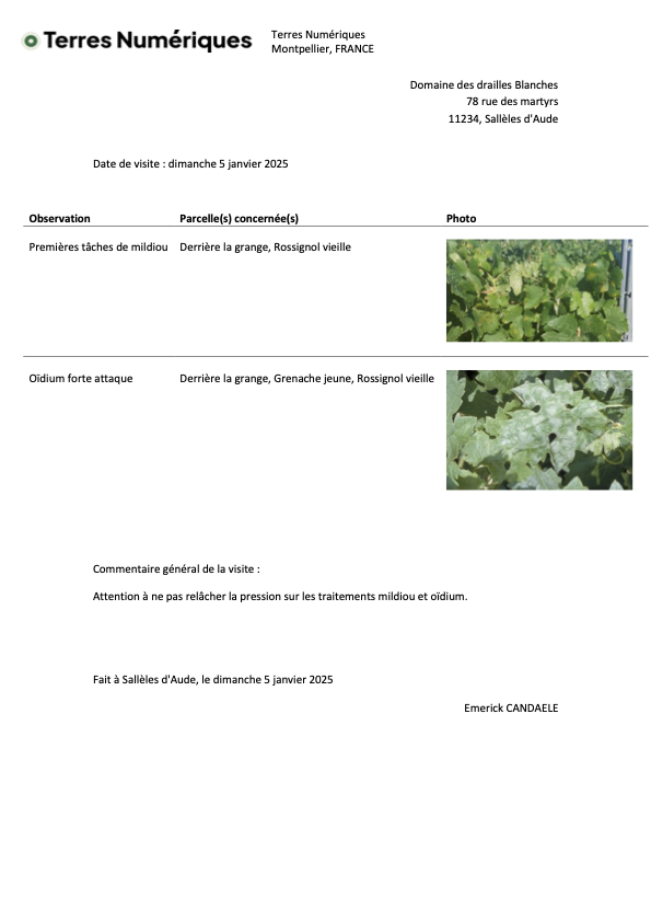 Exemple de rapport/compte rendu de visite en format pdf généra automatiquement après une visite terrain faite avec Kizeo.