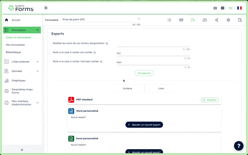 Configuration d'un export Kizeo avec les champs latitude et longitude